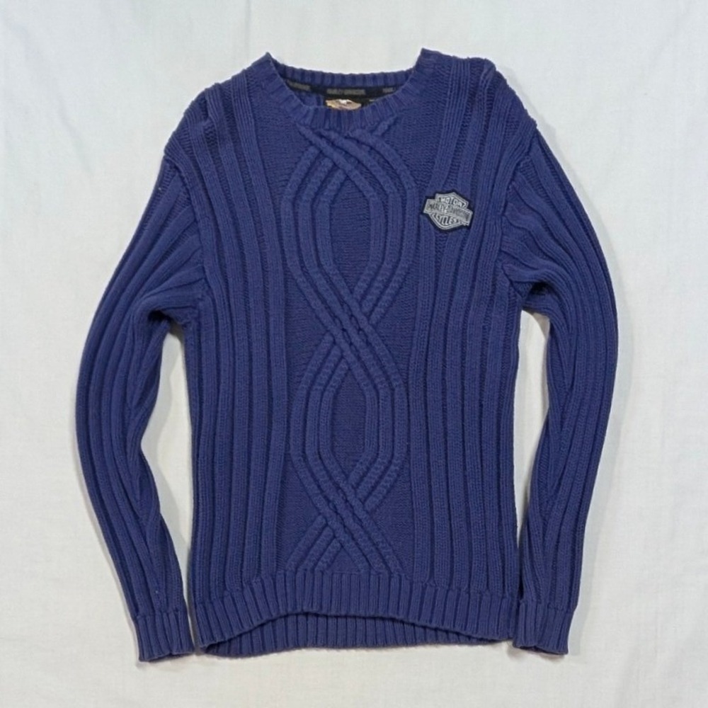 Harley-Davidson Mens Blue Cable Knit Cotton Sweater Vintage Y2K Logo Patch Small